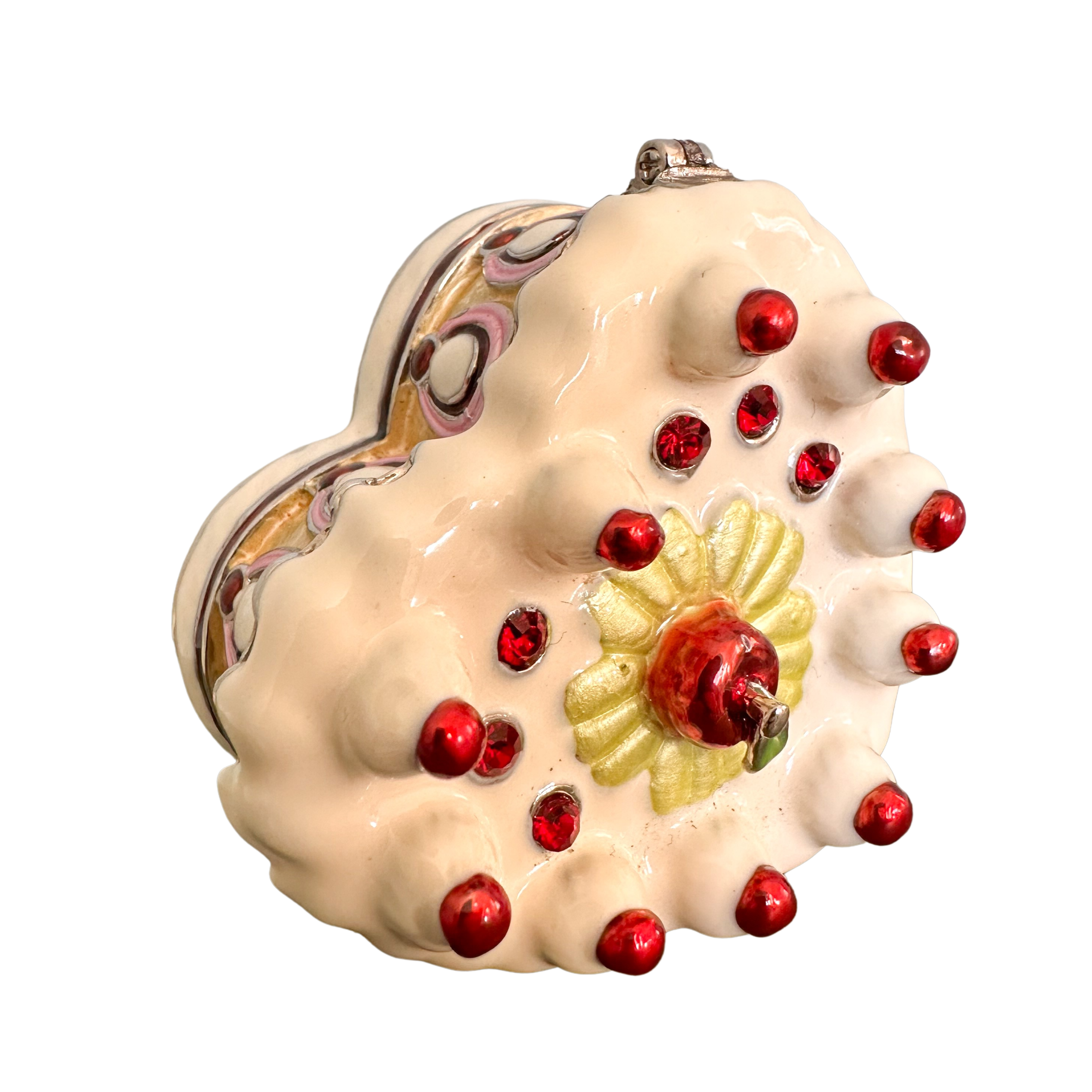 Vintage heart-shaped birthday cake lidded trinket box made of metal and enamel - Moppet