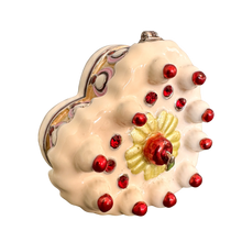Load image into Gallery viewer, Vintage heart-shaped birthday cake lidded trinket box made of metal and enamel - Moppet
