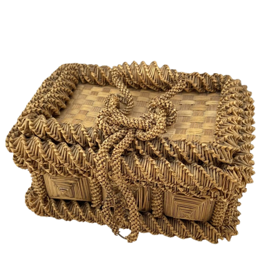 Antique Victorian straw-work jewellery/sewing box with green chartreuse satin lining - Moppet