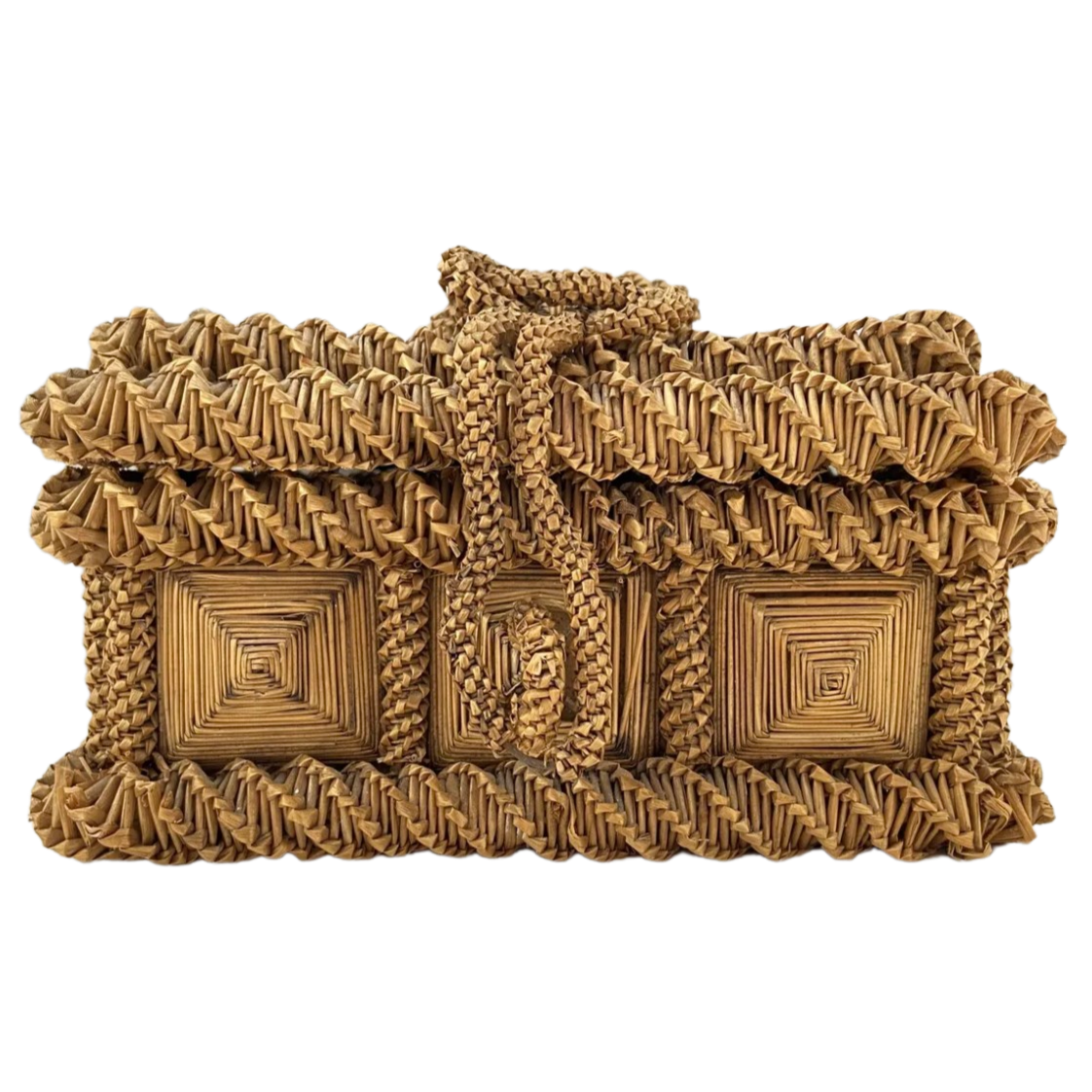Antique Victorian straw-work jewellery/sewing box with green chartreuse satin lining - Moppet