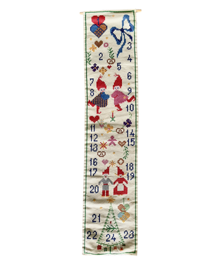 Vintage midcentury Swedish embroidered needlepoint wall-hanging Advent calendar - Moppet