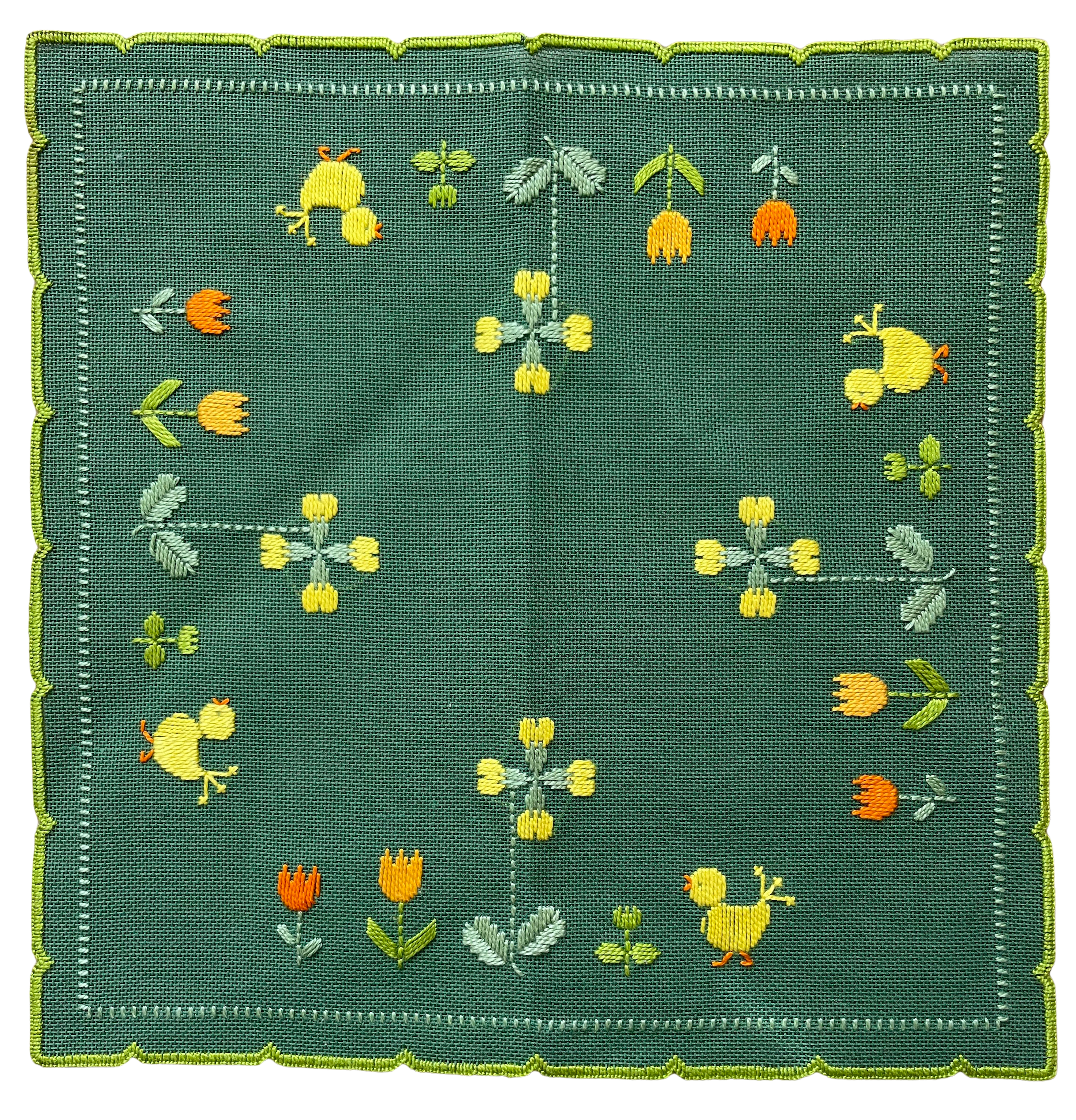 Vintage midcentury hand-embroidered Easter table cloth or centrepiece featuring chicks, tulips and spring flowers in yellow, green and orange on a green canvas - Moppet