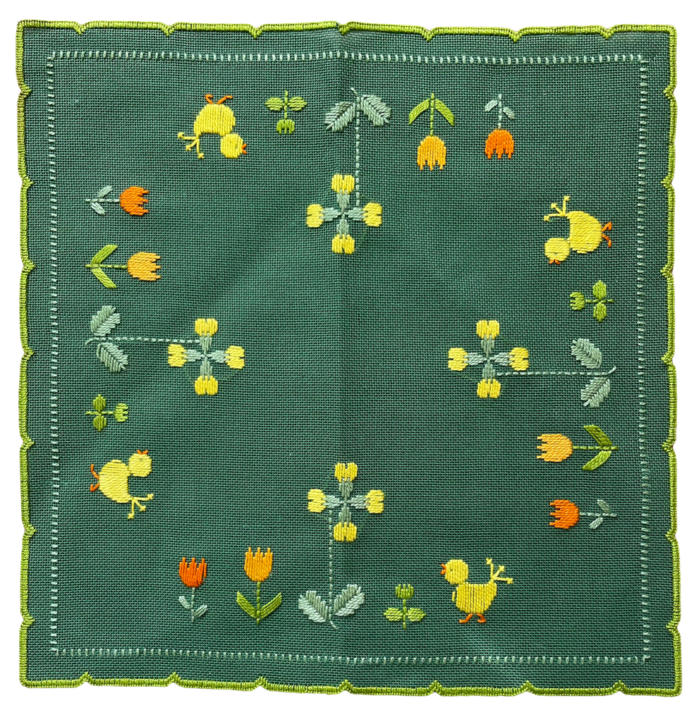 Vintage midcentury hand-embroidered Easter table cloth or centrepiece featuring chicks, tulips and spring flowers in yellow, green and orange on a green canvas - Moppet