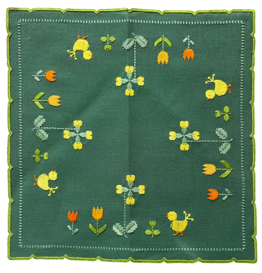 Vintage midcentury hand-embroidered Easter table cloth or centrepiece featuring chicks, tulips and spring flowers in yellow, green and orange on a green canvas - Moppet