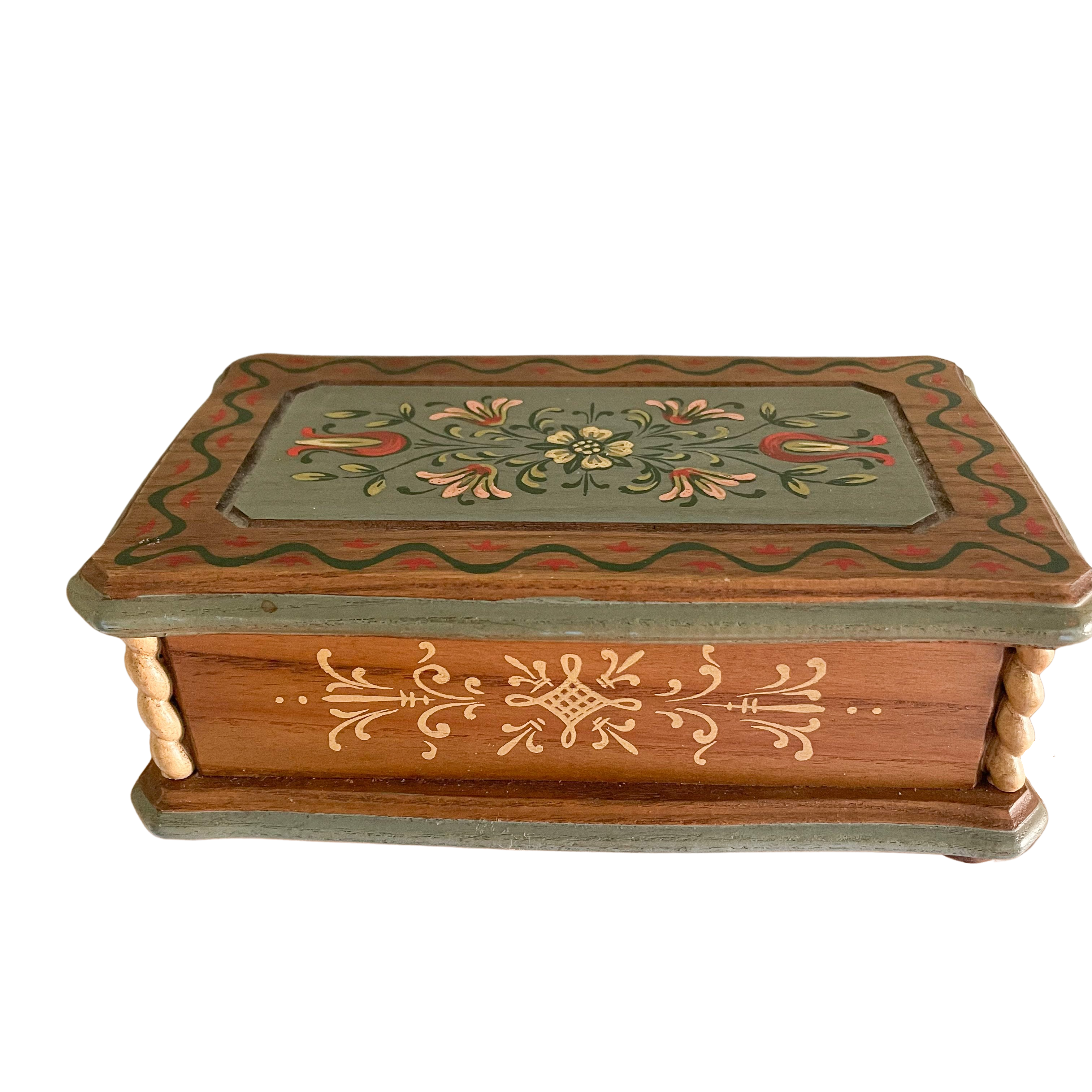 Vintage 1950s Italian hand-carved and painted wooden music box with floral motif - Moppet