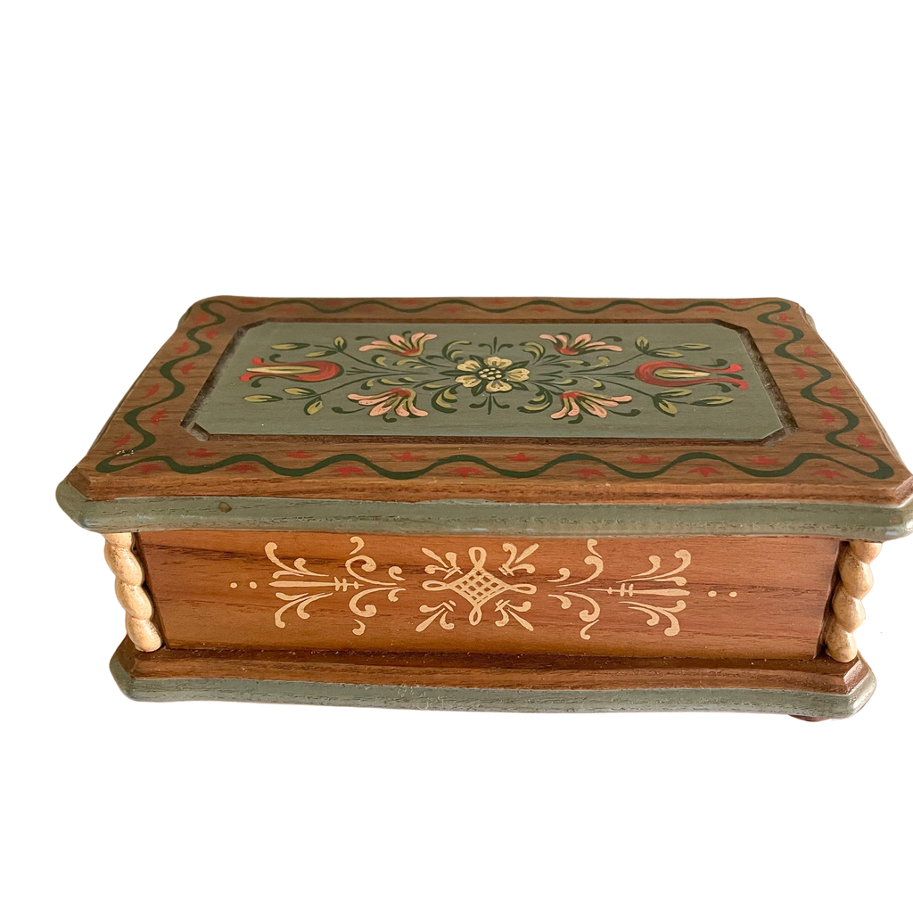 Vintage 1950s Italian hand-carved and painted wooden music box with floral motif - Moppet