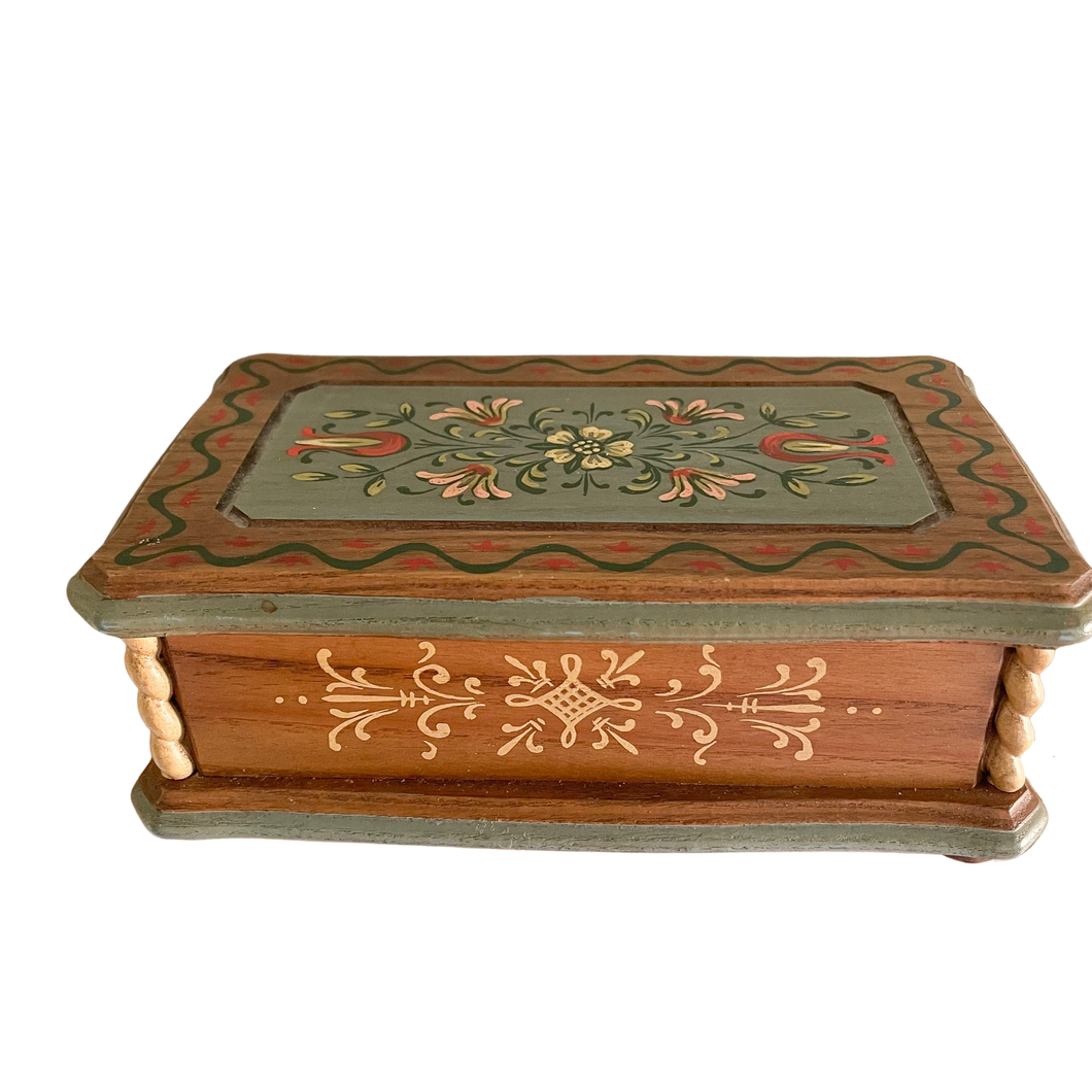 Vintage 1950s Italian hand-carved and painted wooden music box with floral motif - Moppet