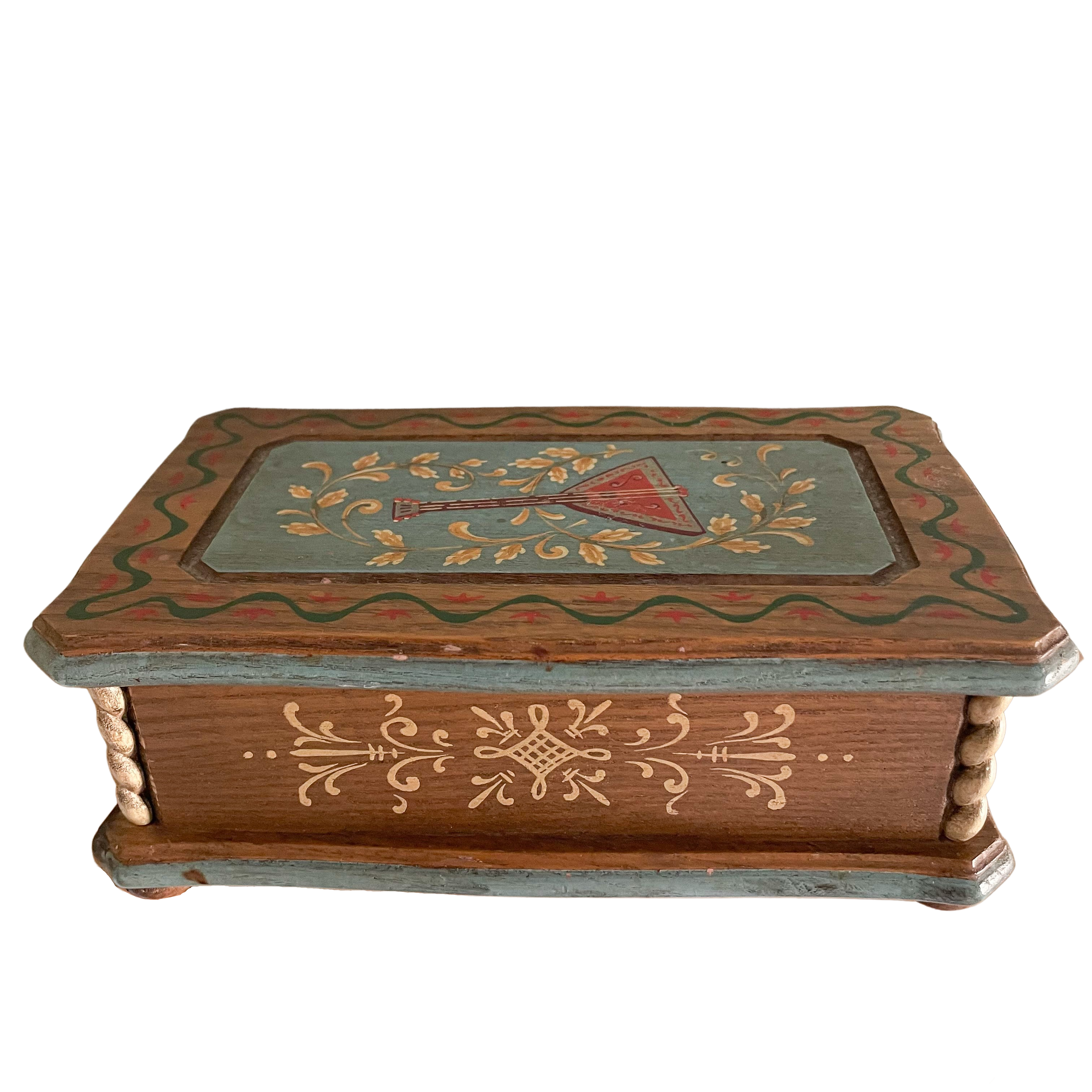 Vintage 1950s Italian hand-carved and painted wooden music box with mandolin motif - Moppet
