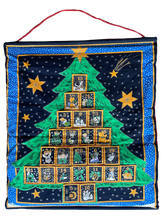 Load image into Gallery viewer, Vintage fabric quilted wall-hanging Advent calendar with pockets in Christmas tree design - Moppet
