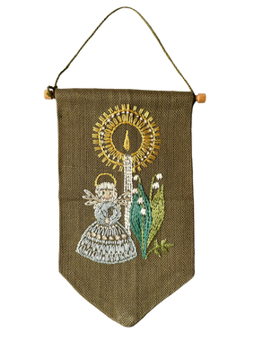 Vintage 1960s Swedish handmade embroidered Christmas wall hanging featuring an angel and a candle - Moppet
