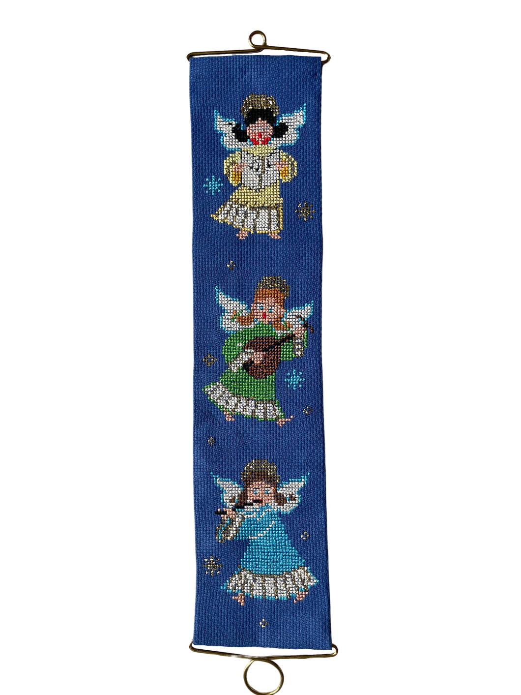 Vintage 1960s Danish handmade embroidered Christmas wall hanging featuring three angles in green, yellow, pink and blue on a blue background - Moppet