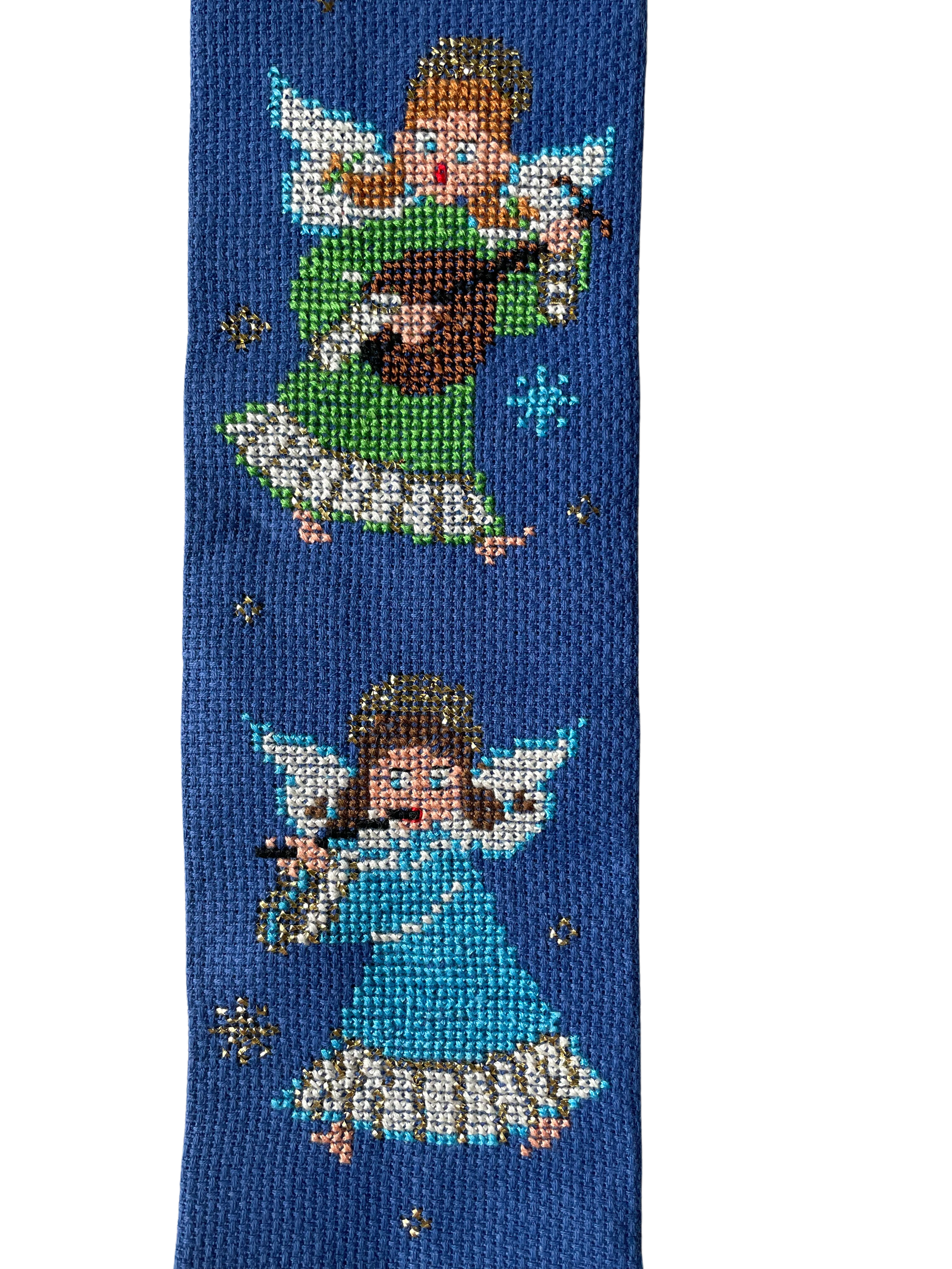 Vintage 1960s Danish handmade embroidered Christmas wall hanging featuring three angles in green, yellow, pink and blue on a blue background - Moppet