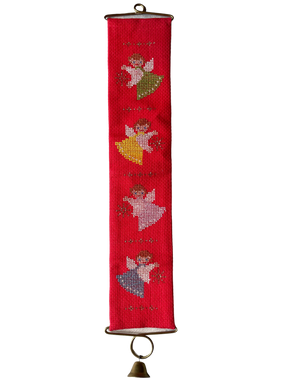 Vintage 1960s Danish handmade embroidered Christmas wall hanging featuring three angles in green, yellow, pink and blue on a red background. - Moppet