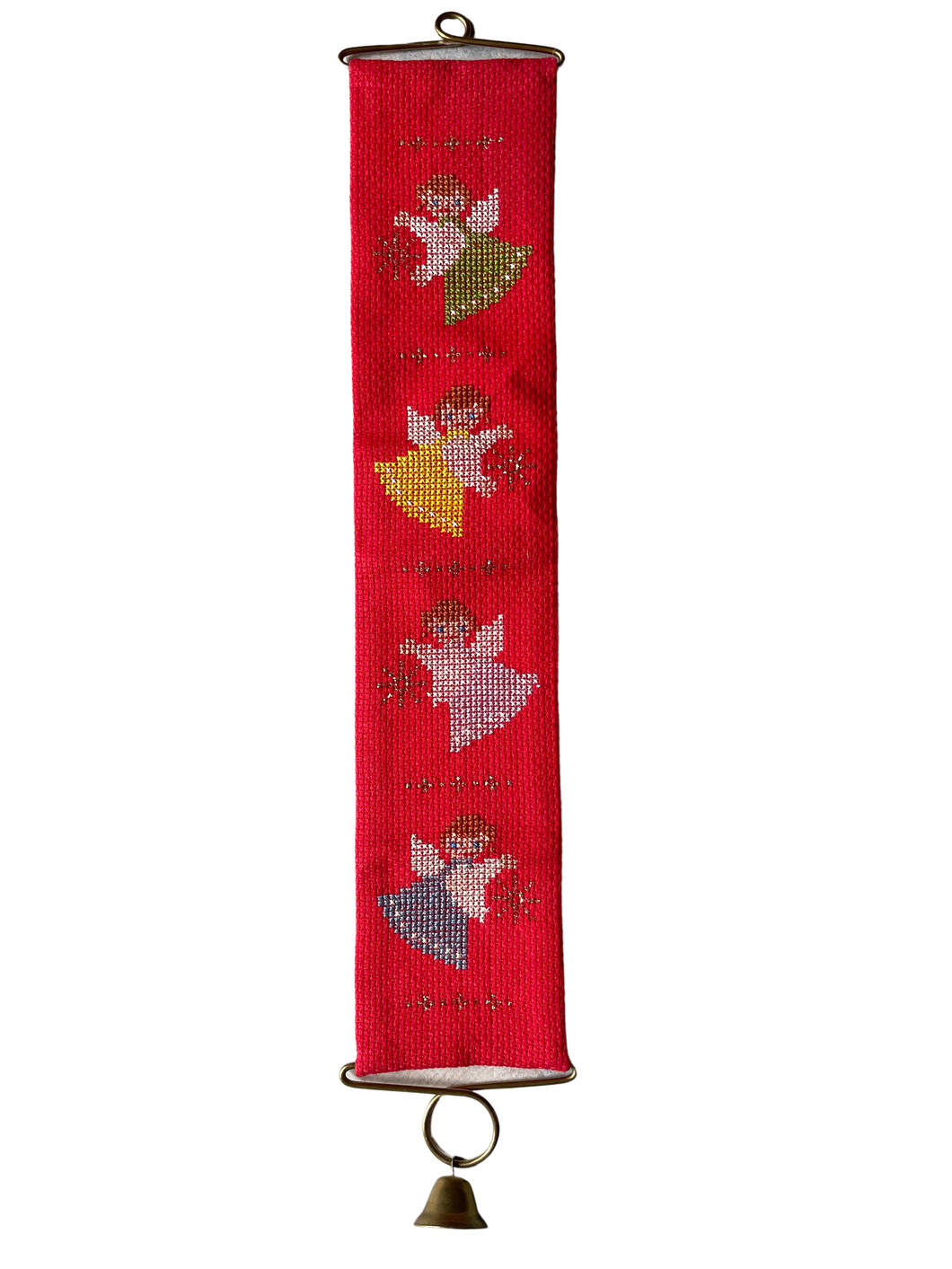 Vintage 1960s Danish handmade embroidered Christmas wall hanging featuring three angles in green, yellow, pink and blue on a red background. - Moppet