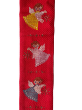 Load image into Gallery viewer, Vintage 1960s Danish handmade embroidered Christmas wall hanging featuring three angles in green, yellow, pink and blue on a red background. - Moppet
