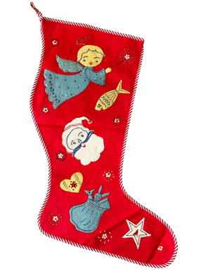 Vintage 1960s Danish handmade embroidered Christmas stocking or wall hanging - Moppet