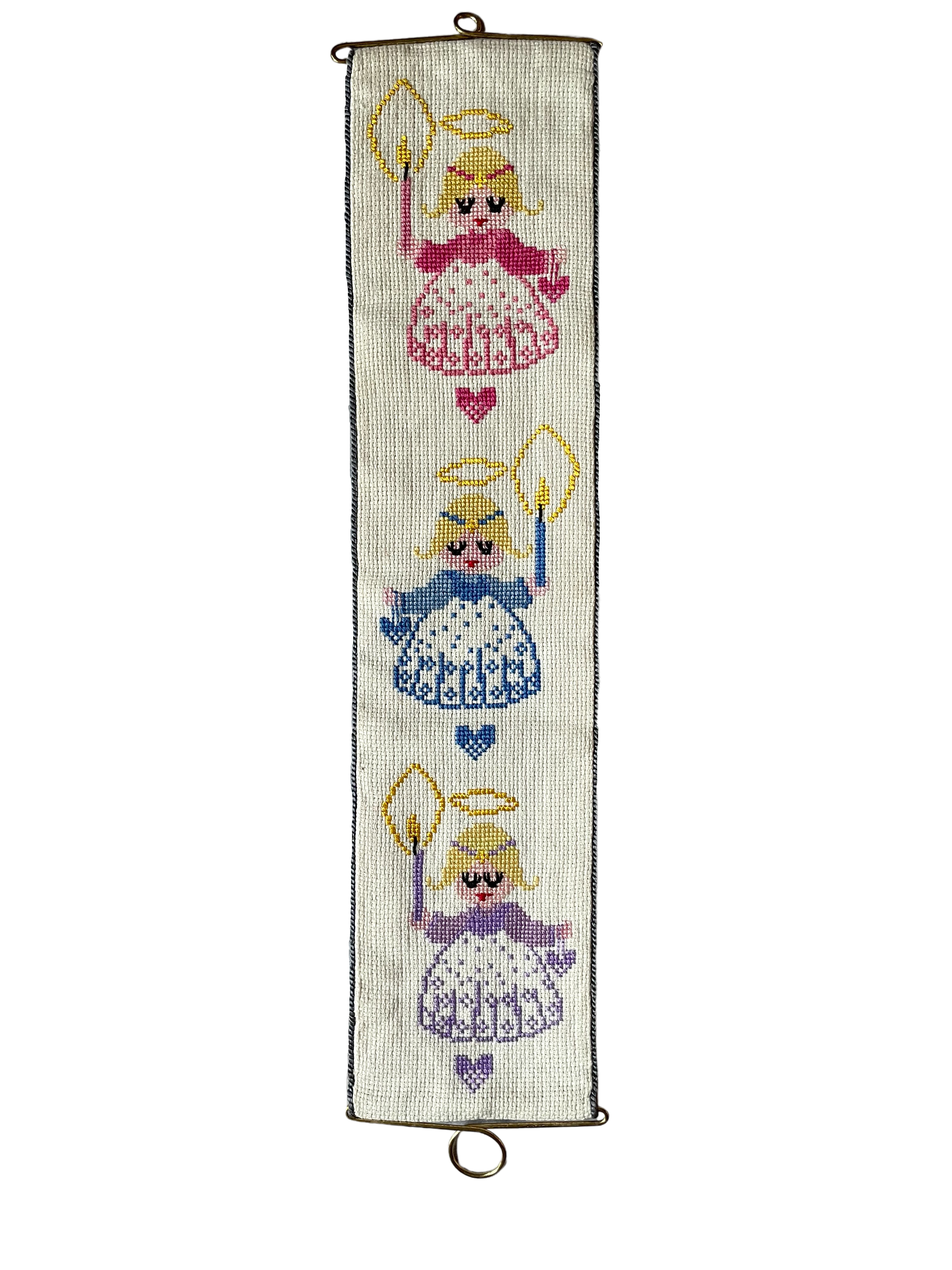 Vintage 1960s  Danish handmade embroidered Christmas wall hanging featuring three angels in pink, blue and lilac - Moppet