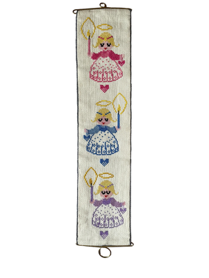 Vintage 1960s  Danish handmade embroidered Christmas wall hanging featuring three angels in pink, blue and lilac - Moppet