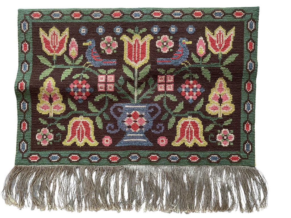 Vintage mid-century Swedish wall-hanging tapestry in tulip design, hand woven Flemish weave twist stitch - Moppet