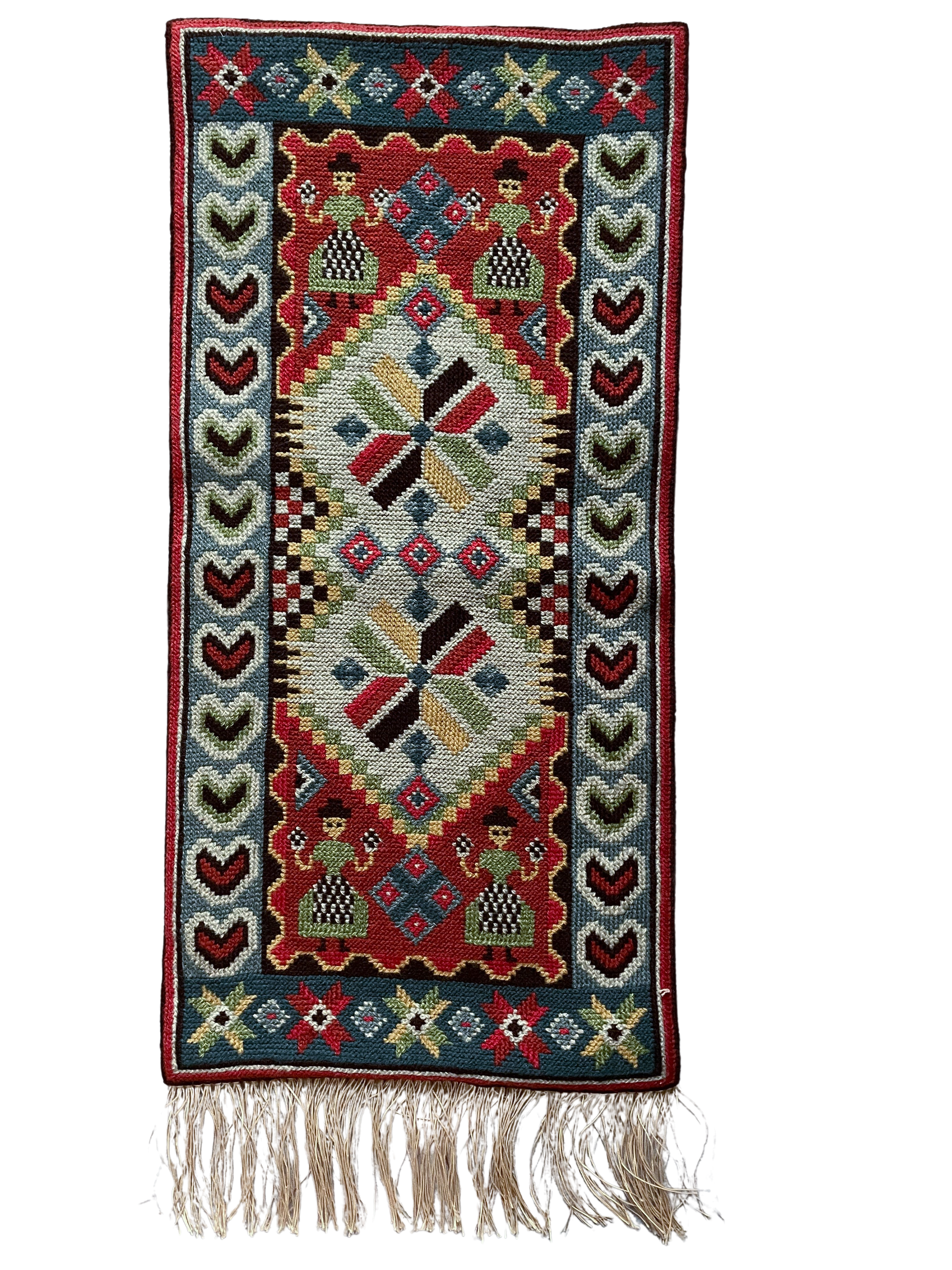 Vintage mid-century Swedish wall-hanging tapestry in geometric design with girls, hand woven Flemish weave twist stitch - Moppet