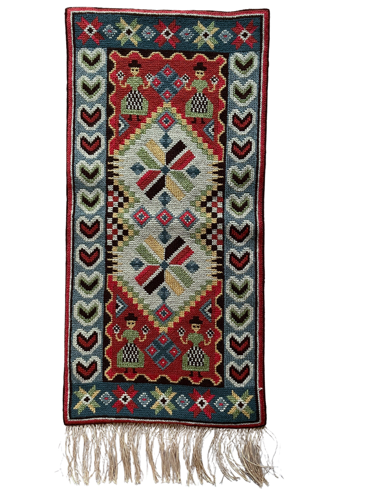 Vintage mid-century Swedish wall-hanging tapestry in geometric design with girls, hand woven Flemish weave twist stitch - Moppet