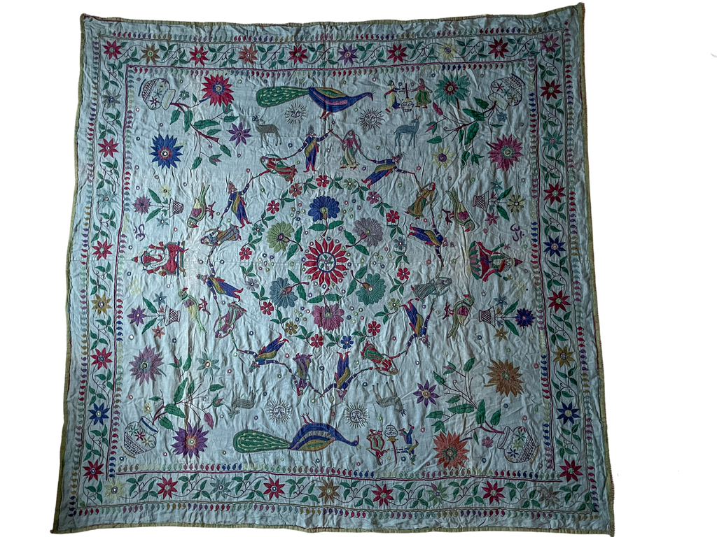 Vintage handmade Indian folk art embroidered cotton wall hanging or throw - Moppet