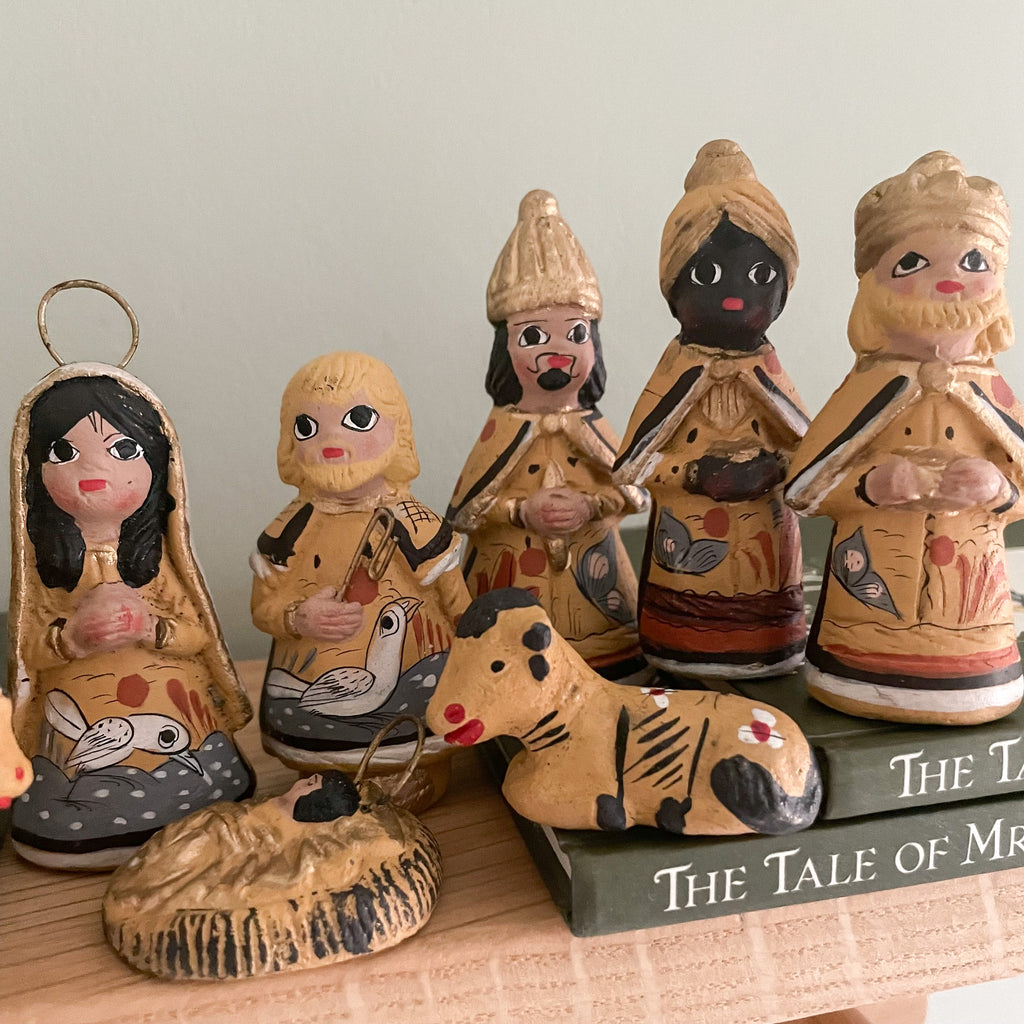 Vintage Mexican Tonala handmade folk art ceramic pottery Christmas nativity set - Moppet