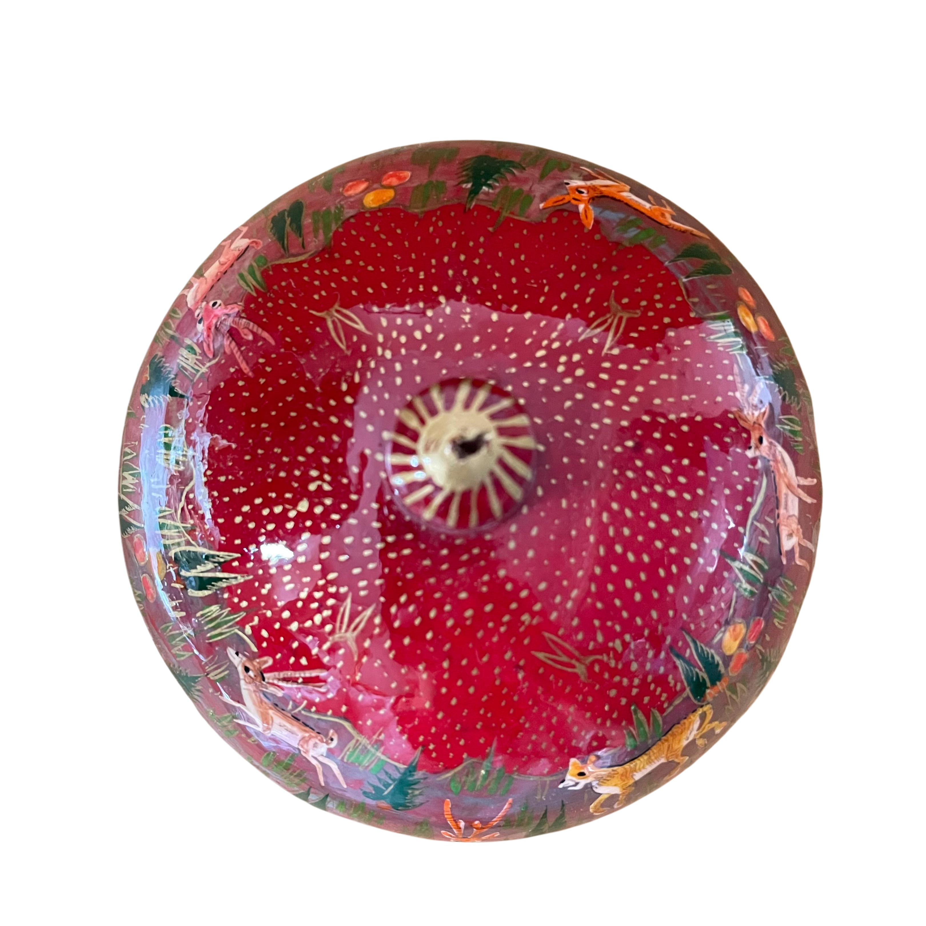 Kashmiri hand-painted folk art round papier-mâché lacquered trinket box with jungle animals design - Moppet