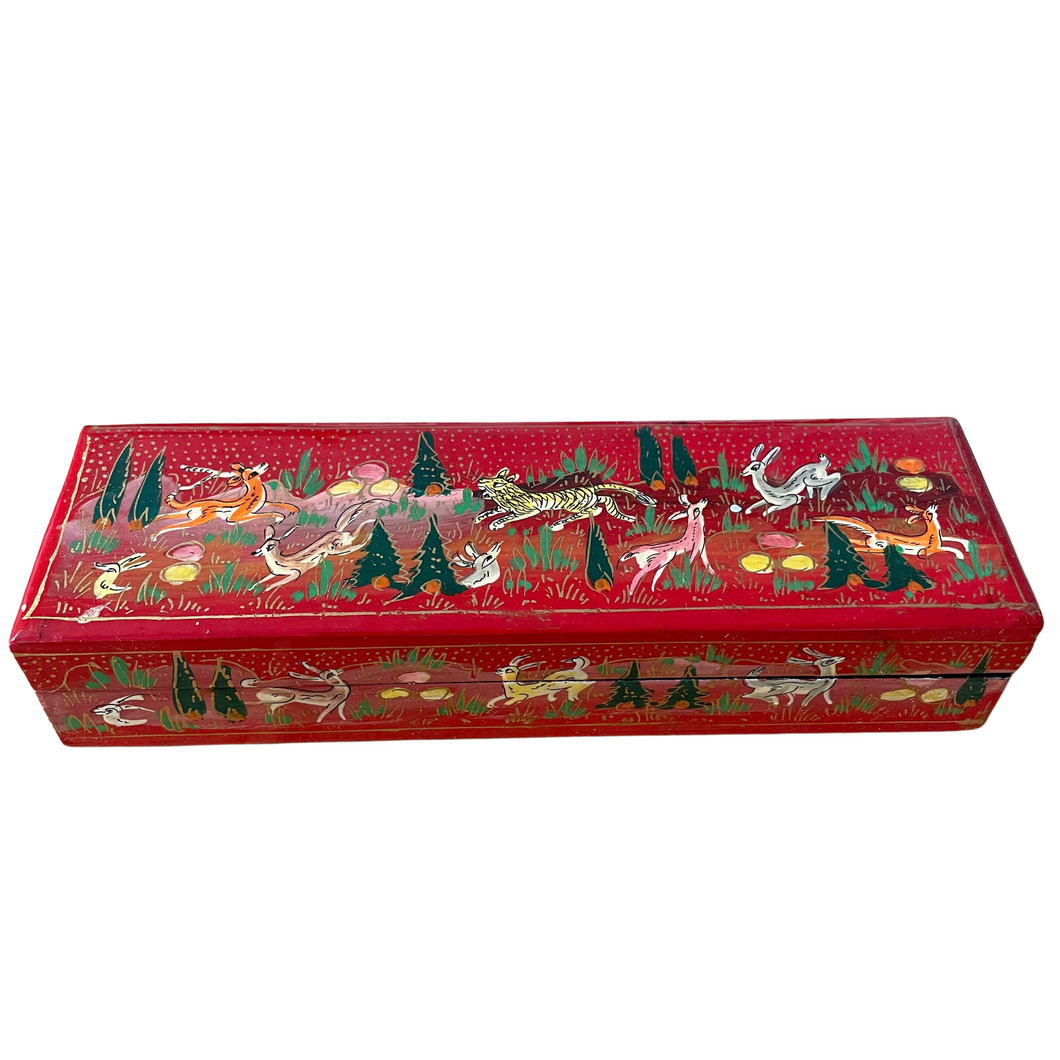 Kashmiri hand-painted folk art papier-mâché lacquered trinket box or pencil box with jungle animals design - Moppet