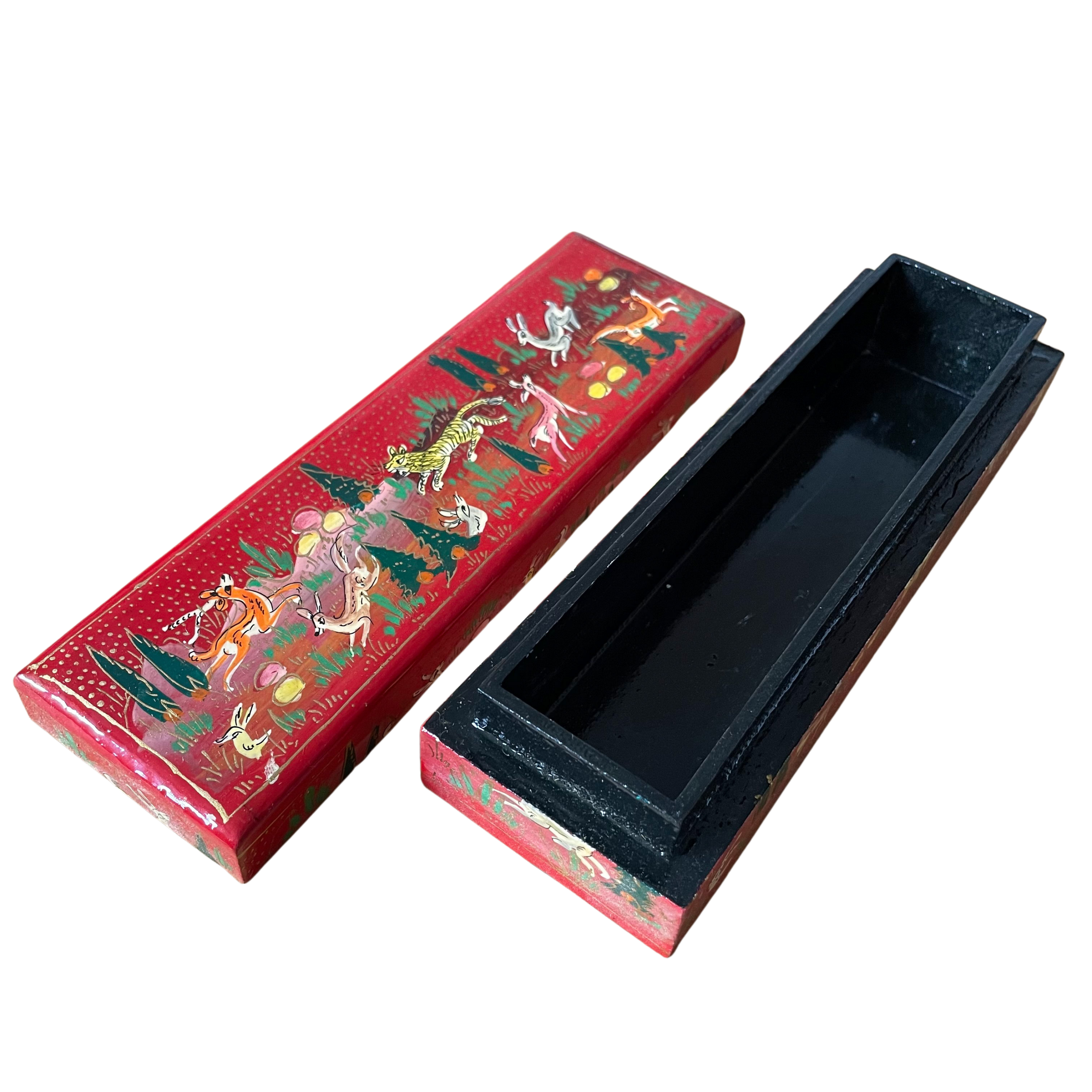 Kashmiri hand-painted folk art papier-mâché lacquered trinket box or pencil box with jungle animals design - Moppet