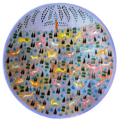 Kashmiri hand-painted folk art papier maché lacquered lilac wall-hanging plate with jungle animals design - Moppet