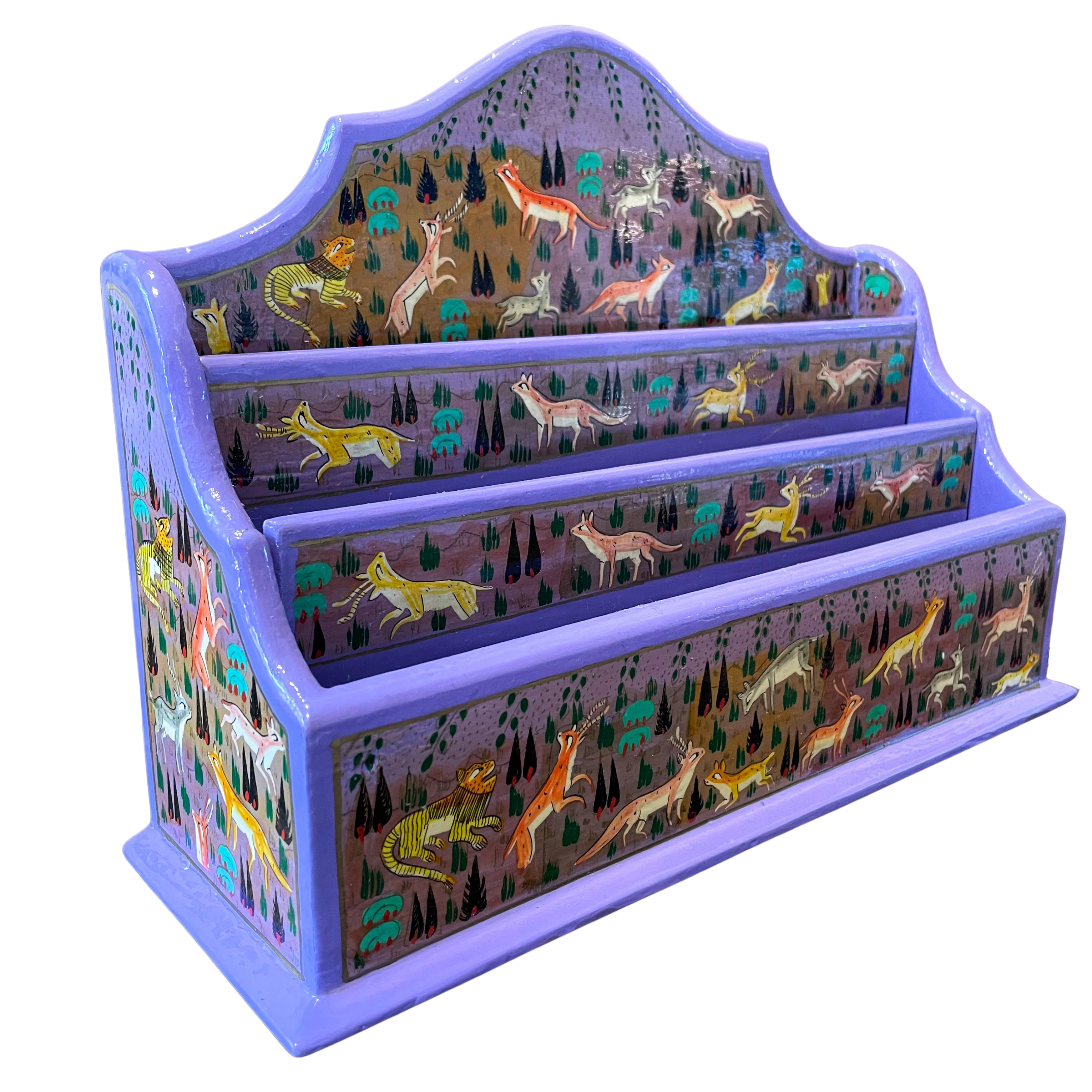 Kashmiri hand-painted folk art wooden lacquered letter rack with wavy edge and jungle animals design - Moppet