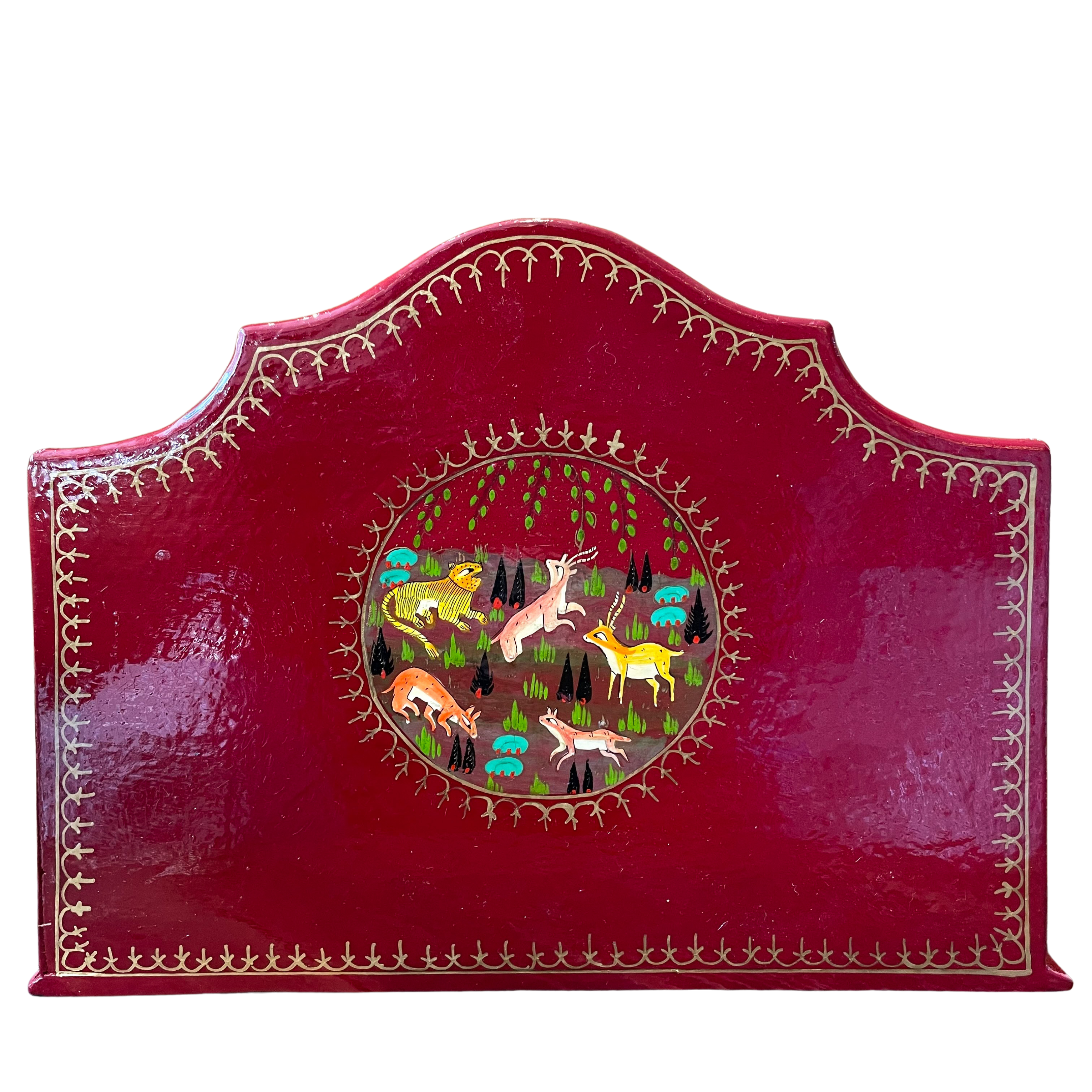 Kashmiri hand-painted folk art wooden lacquered letter rack with wavy edge and jungle animals design - Moppet