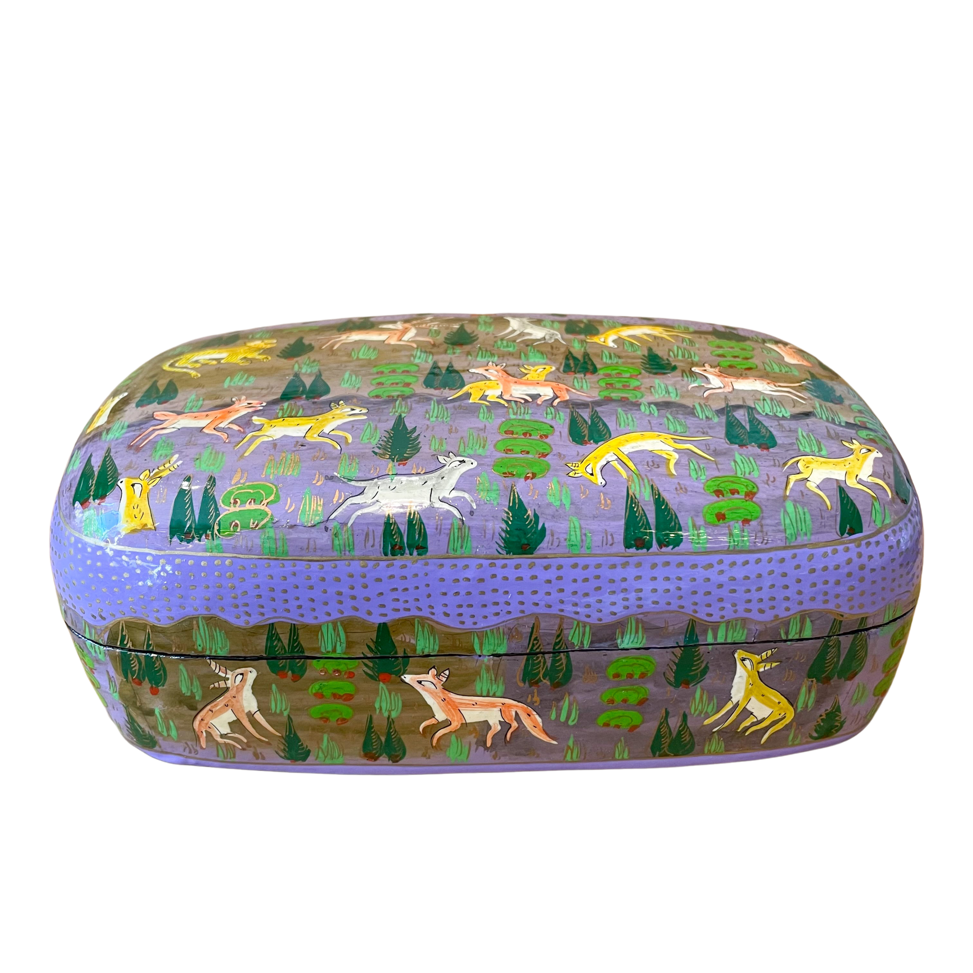 Kashmiri hand-painted folk art papier maché lacquered trinket box with jungle animals design | lilac - Moppet
