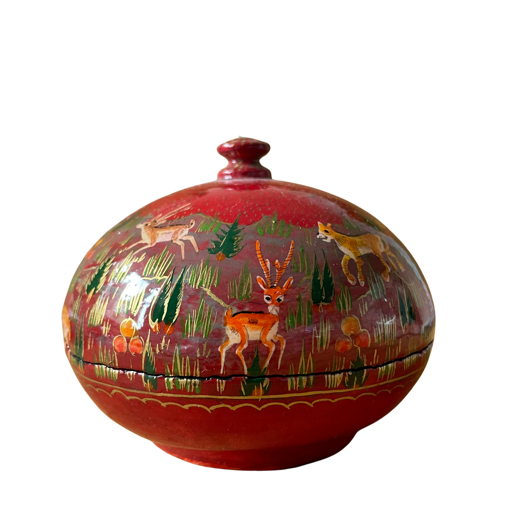 Kashmiri hand-painted folk art round papier-mâché lacquered trinket box with jungle animals design - Moppet