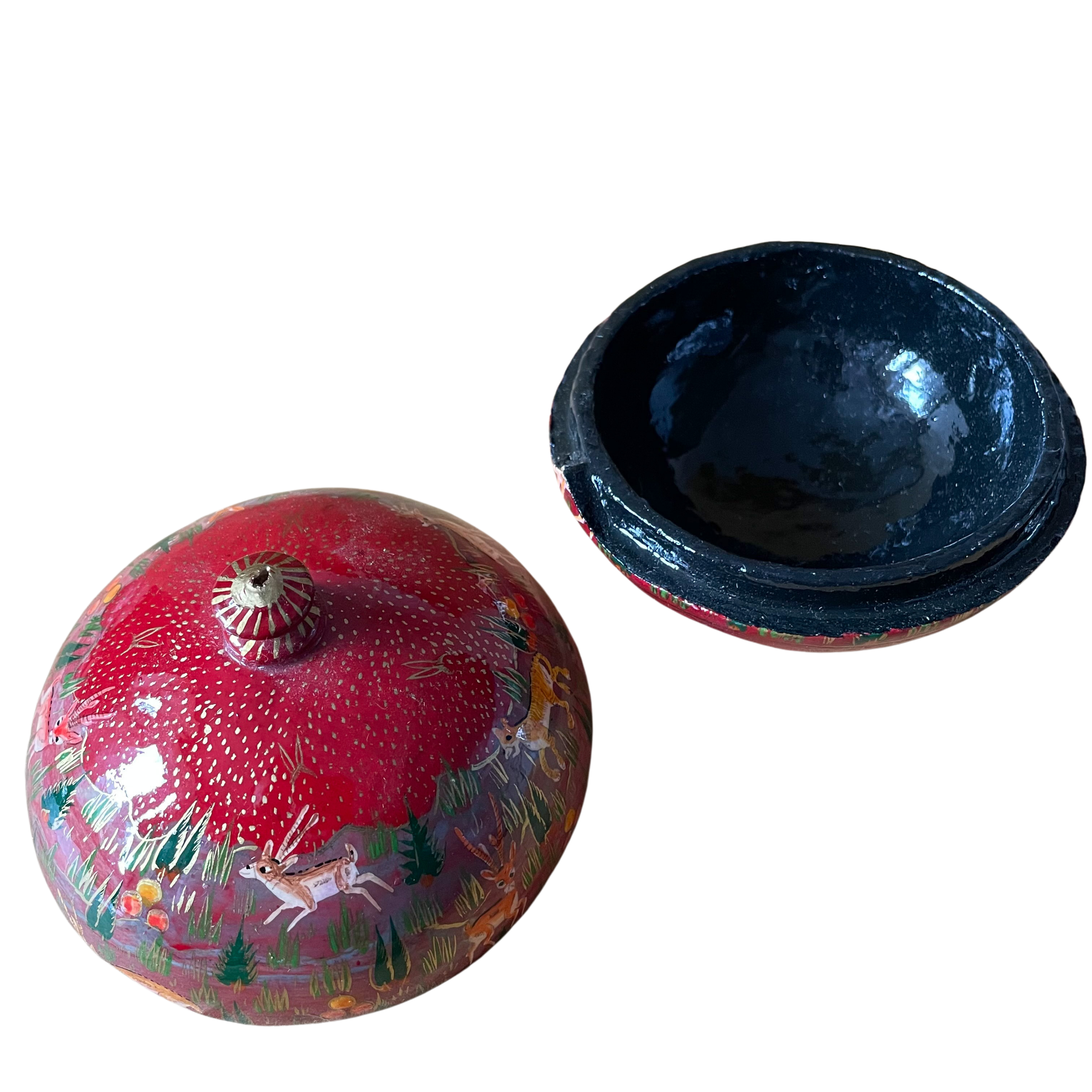 Kashmiri hand-painted folk art round papier-mâché lacquered trinket box with jungle animals design - Moppet