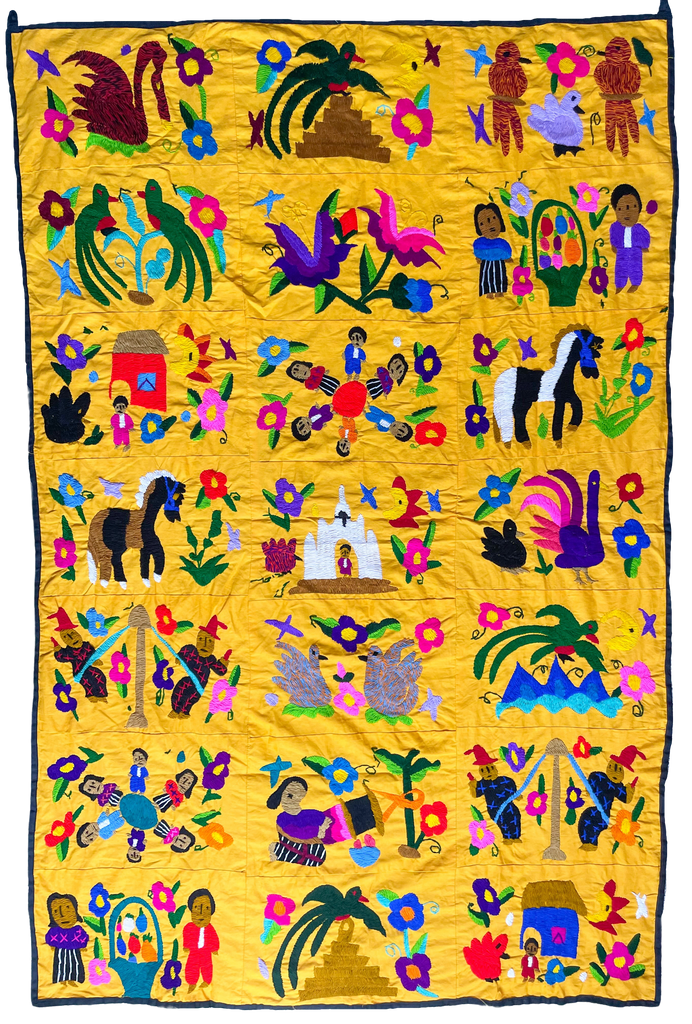 Vintage hand-embroidered Mexican Otomi folk art wall hanging tapestry - Moppet