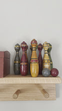 Load and play video in Gallery viewer, Antique hand-painted French wooden skittles/quilles in original wooden chest in burgundy, blue, green and gold
