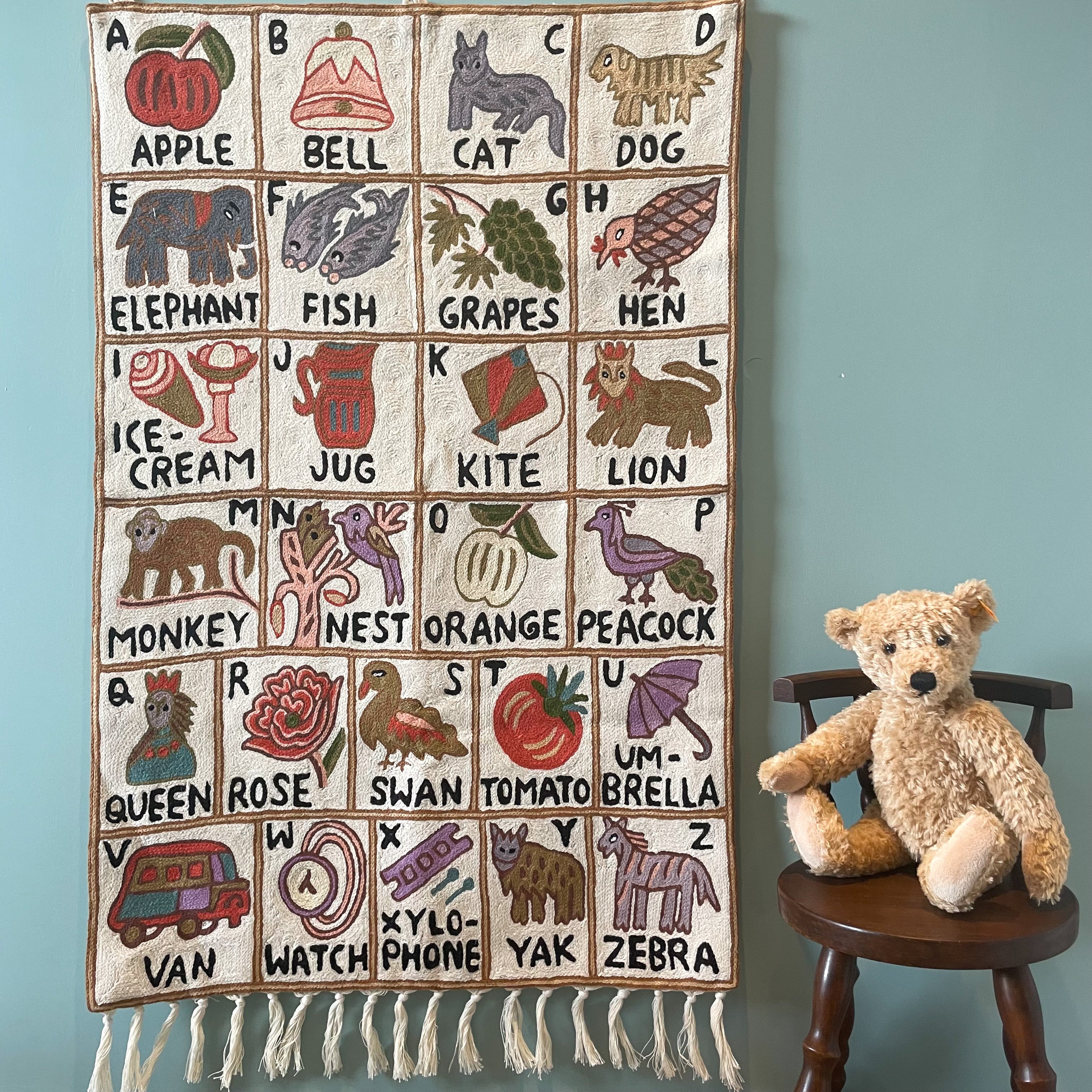 Handmade alphabet ABC crewel wall hanging tapestry | Shekdur - Moppet