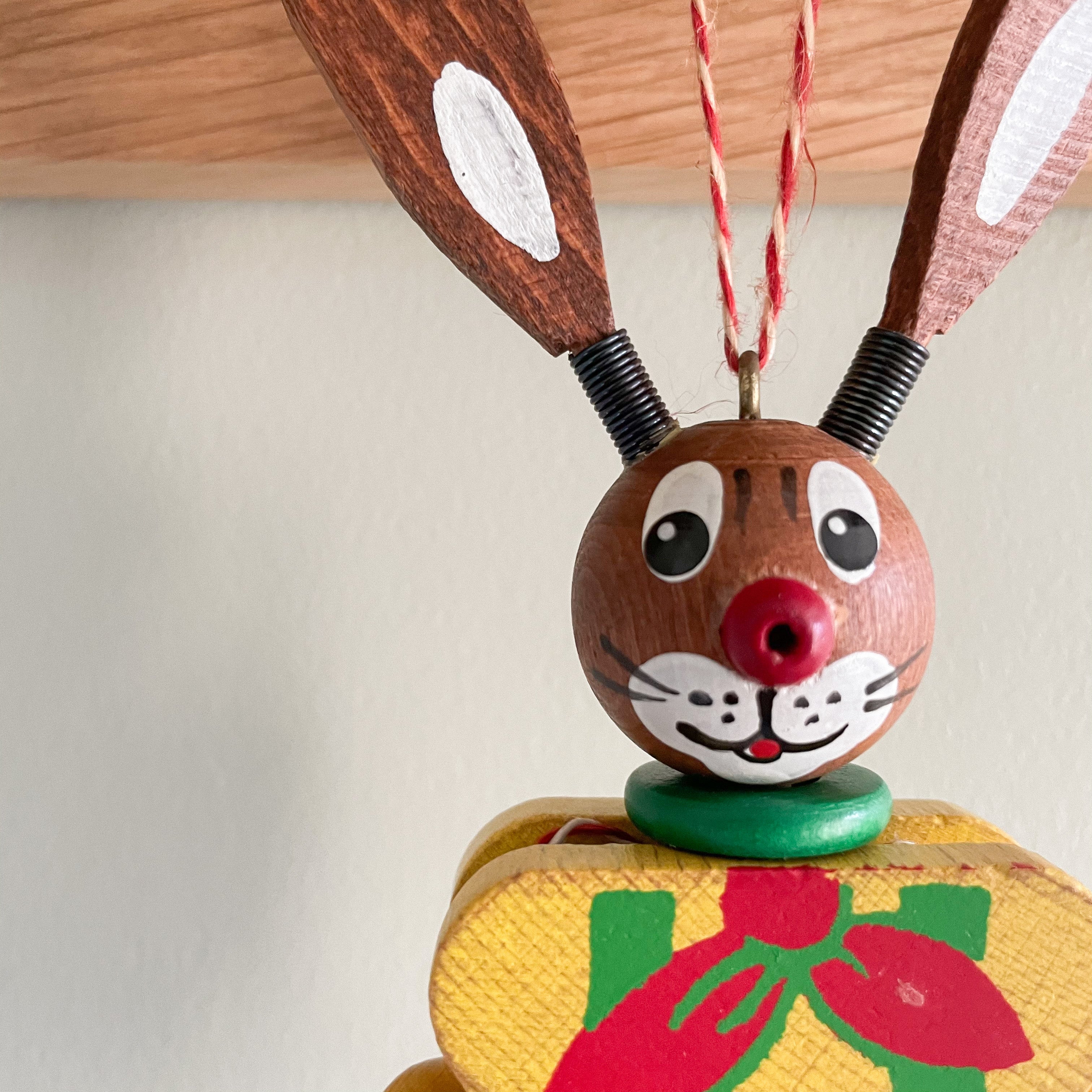 Vintage Austrian wooden rabbit or Easter Bunny ‘Hampelmann’ jumping-jack pull toy, by FAMO - Moppet