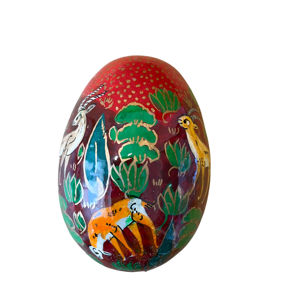 Kashmiri hand-painted folk art papier maché lacquered Easter egg with jungle animals design - Moppet