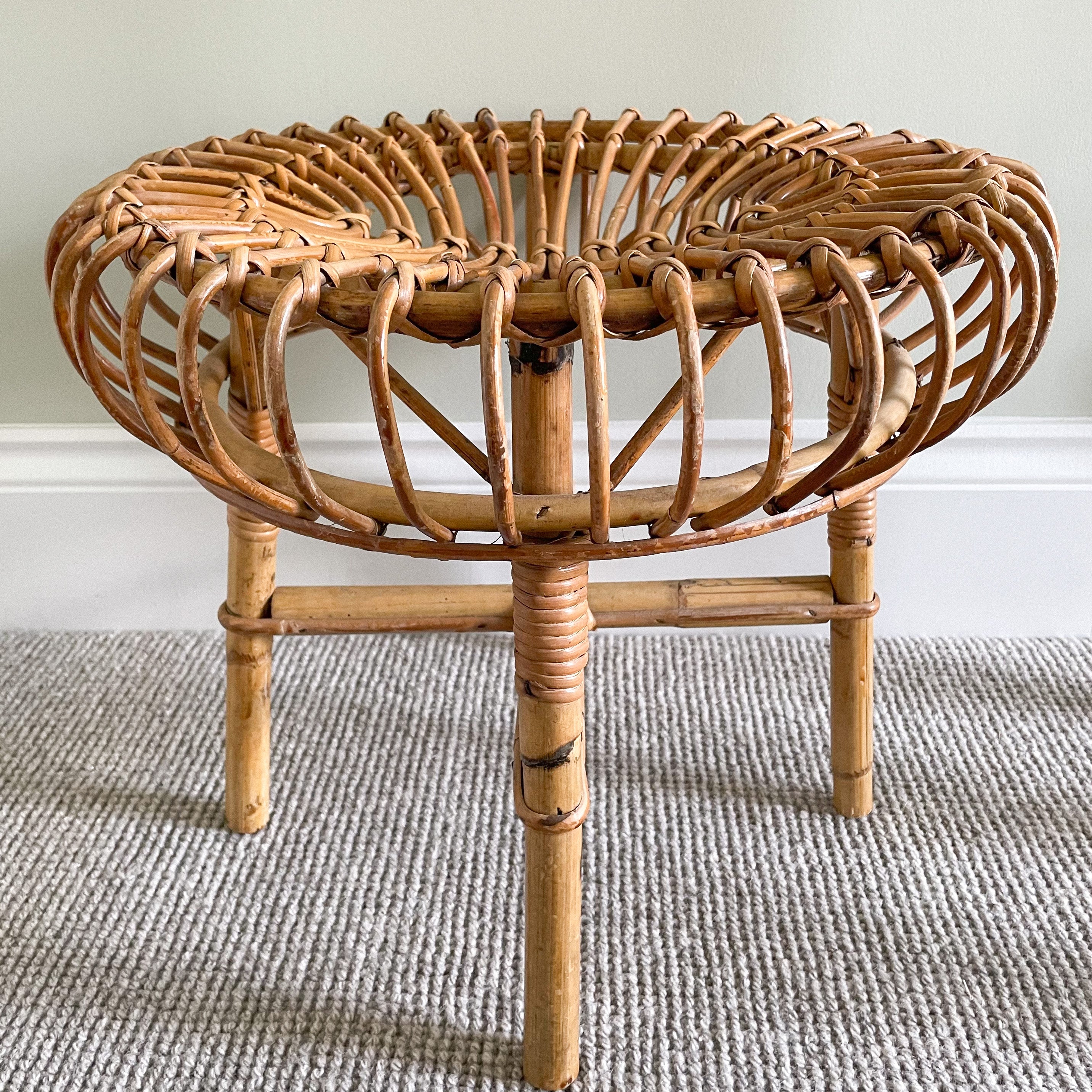 Vintage 1950s midcentury round bamboo cane lobster pot stool