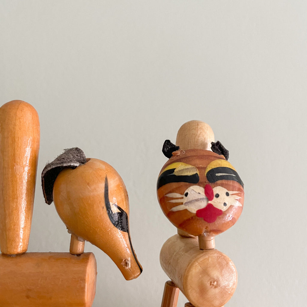 Vintage pair of cat and dog wooden thumb push collapsing puppet toys (push toy/push bottom) - Moppet