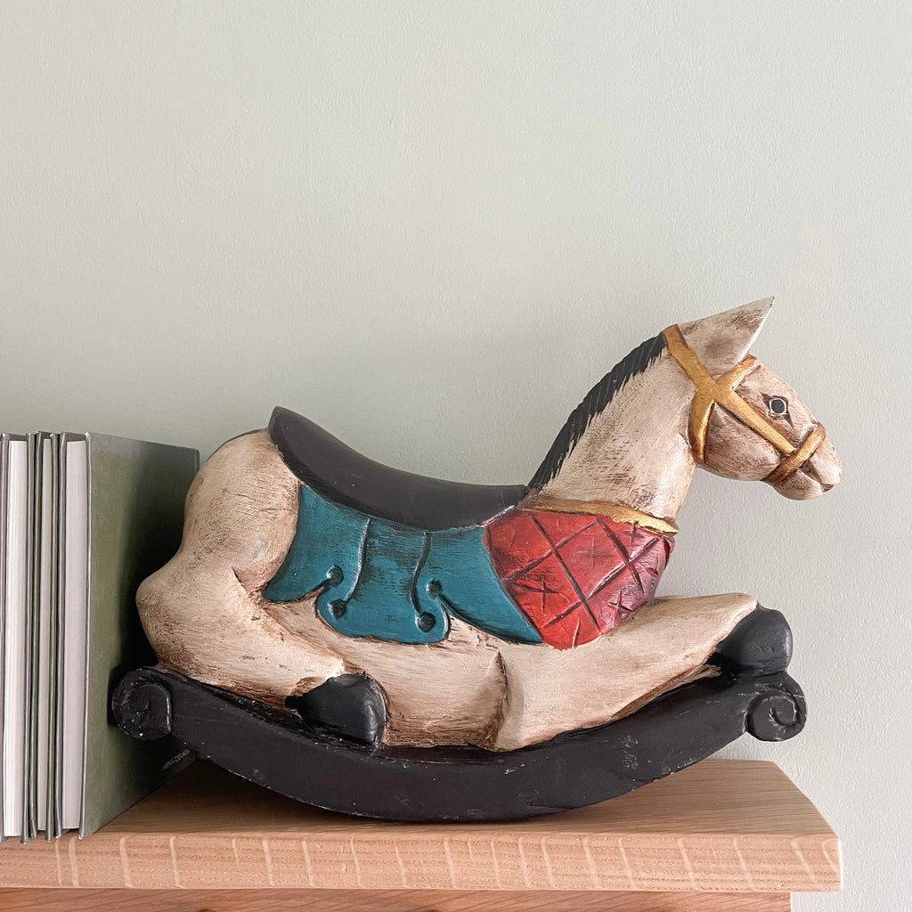 Pair of vintage wooden hand-painted rocking horse bookends, pair - Moppet