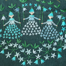 Load image into Gallery viewer, Vintage Swedish hand-embroidered wall hanging of woodland flower fairies - Moppet
