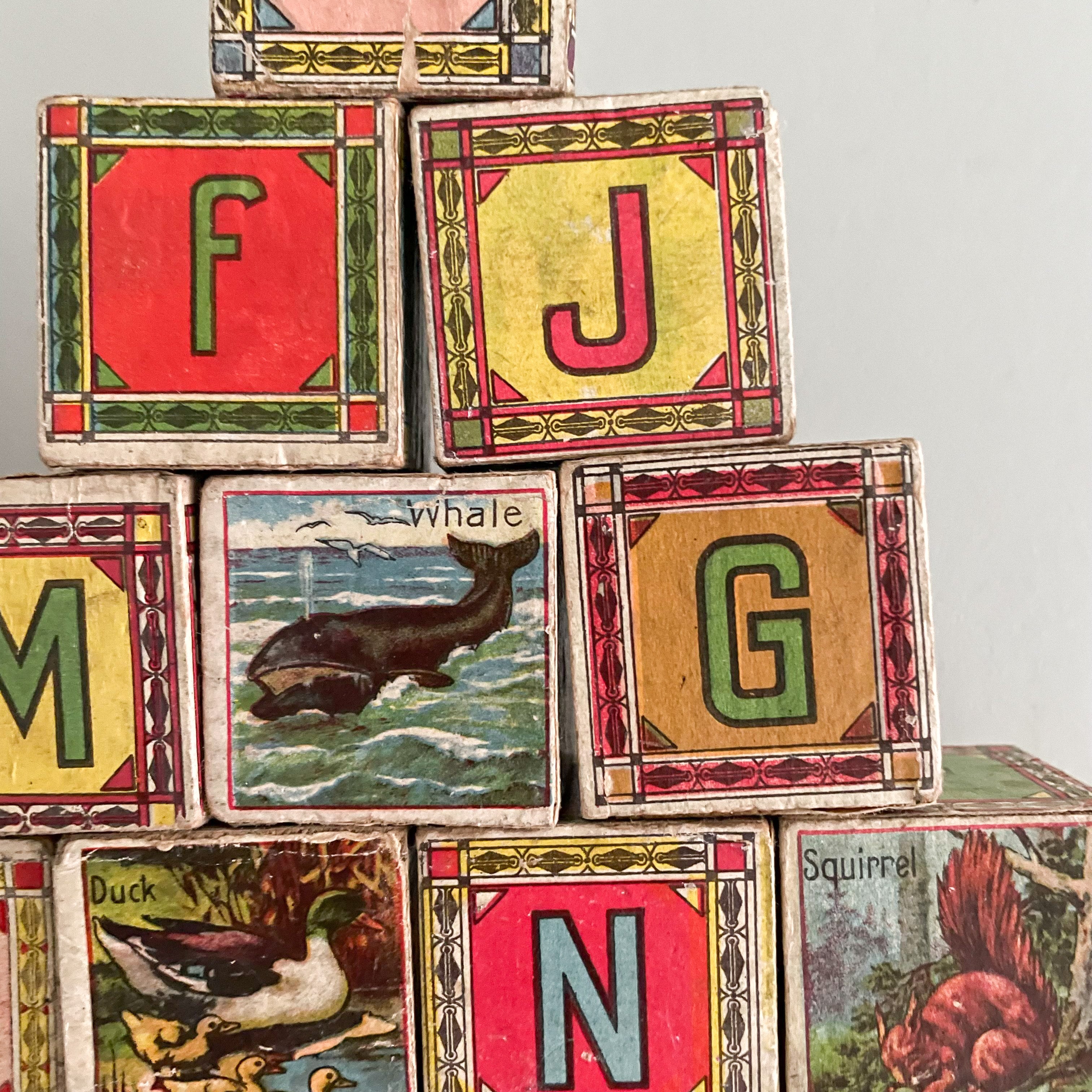 Vintage wooden stacking alphabet picture number building blocks - Moppet