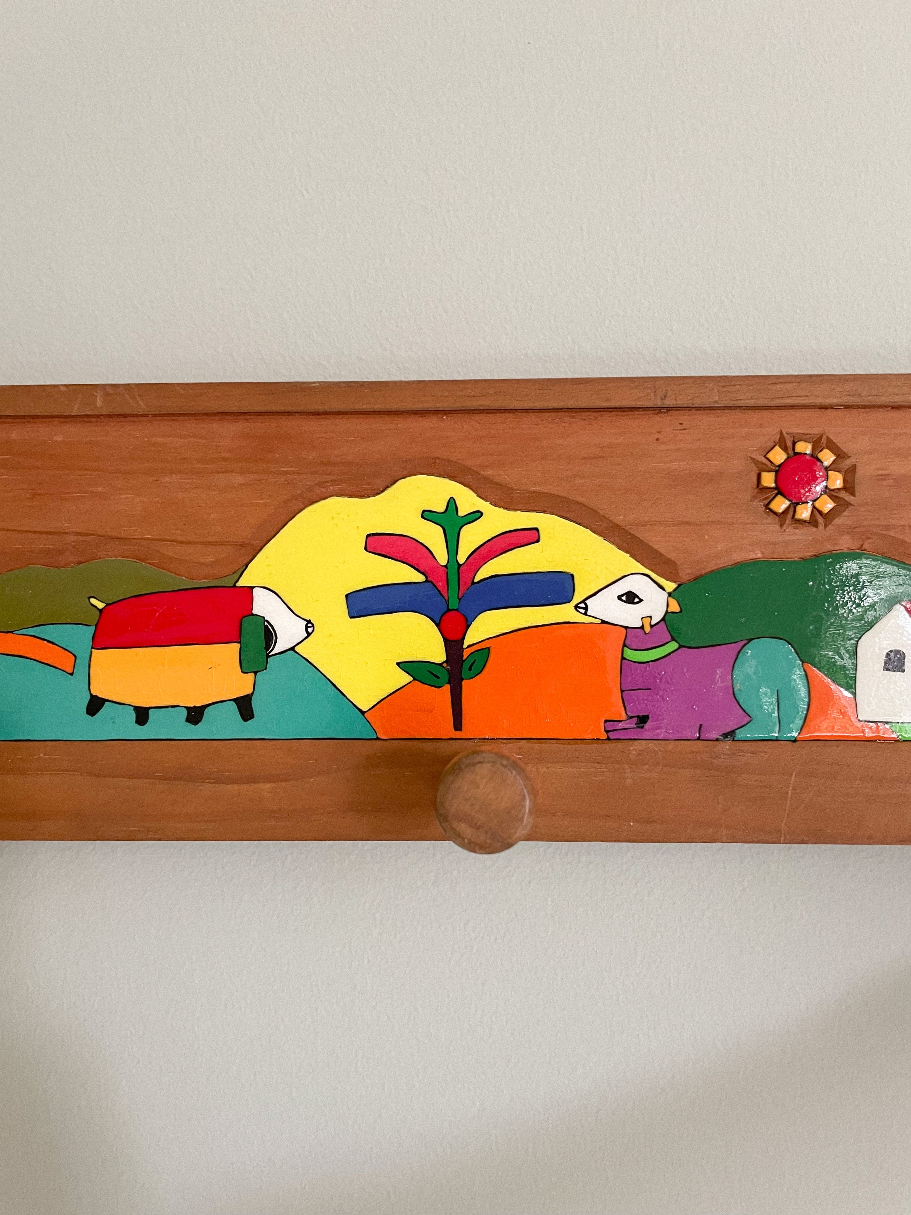 Vintage El Salvadorian wooden peg rail coat hook with hand-painted animal design - Moppet