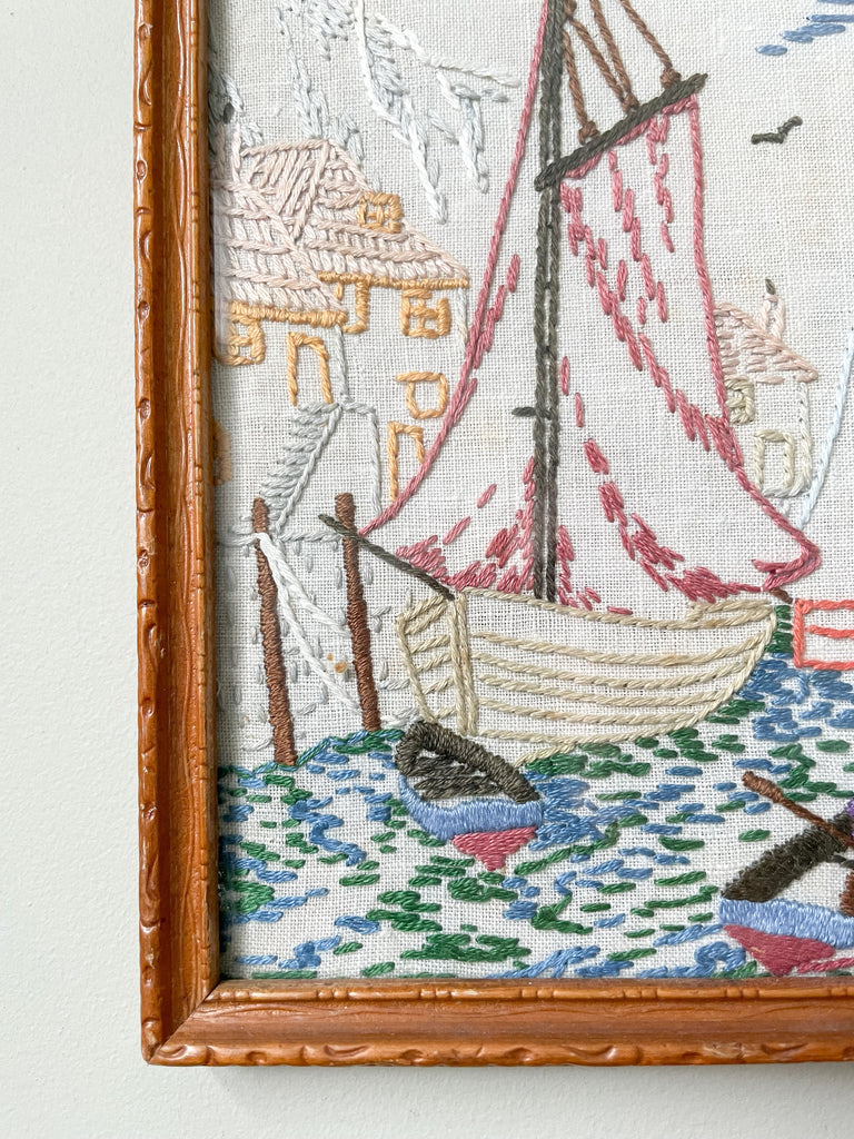 Pair of vintage framed embroideries in pastels, sailing boat and thatched cottage with cat - Moppet