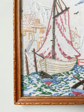 Load image into Gallery viewer, Pair of vintage framed embroideries in pastels, sailing boat and thatched cottage with cat - Moppet
