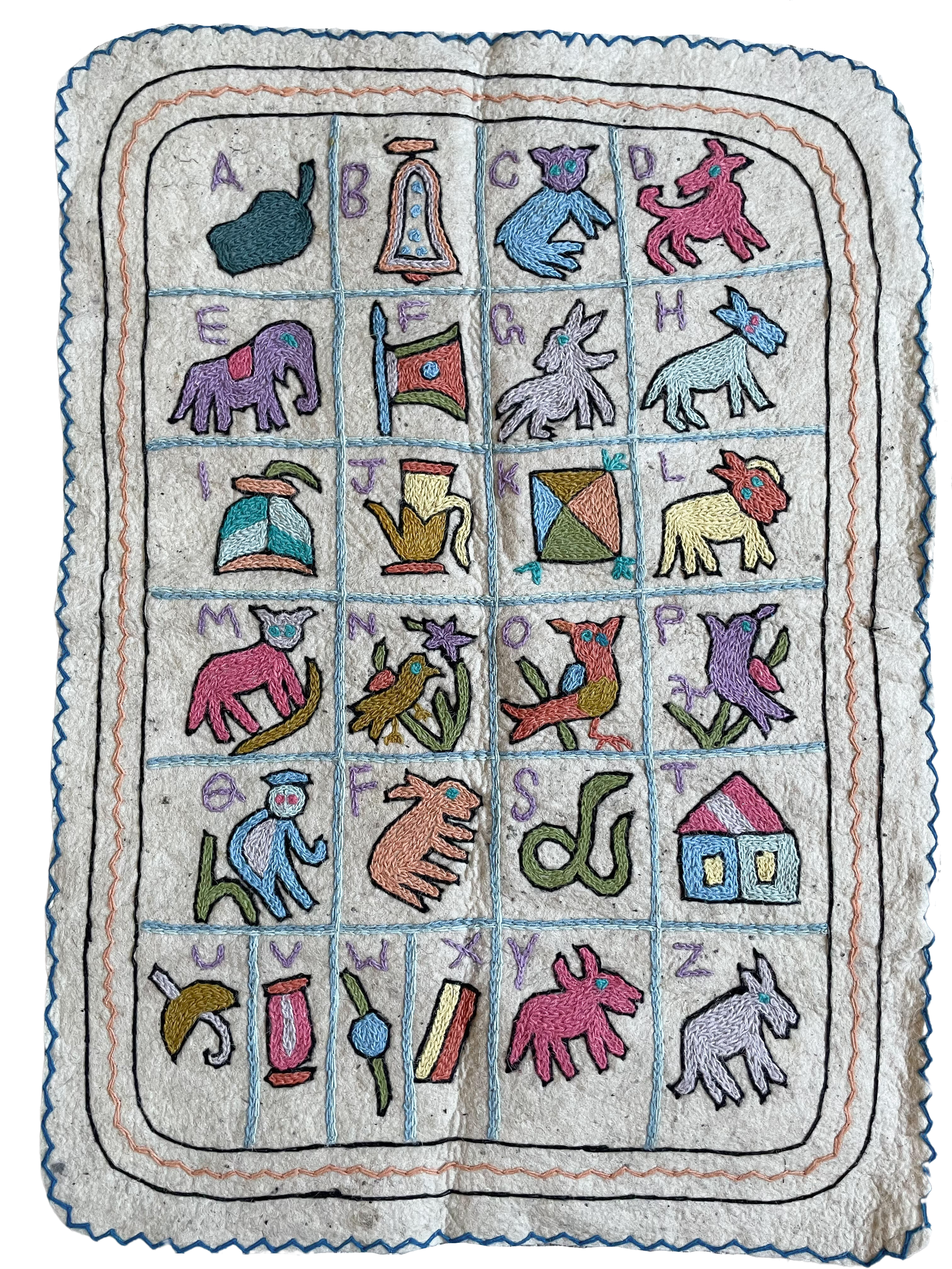 Alphabet hand-embroidered wall hanging | felt ‘namda’ ABC rug | MEDIUM | design 006 - Moppet